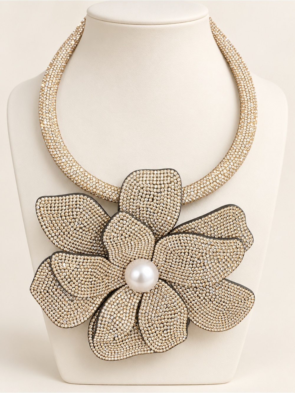 Statement Gold Floral Crystal Necklace with Pearl Center
